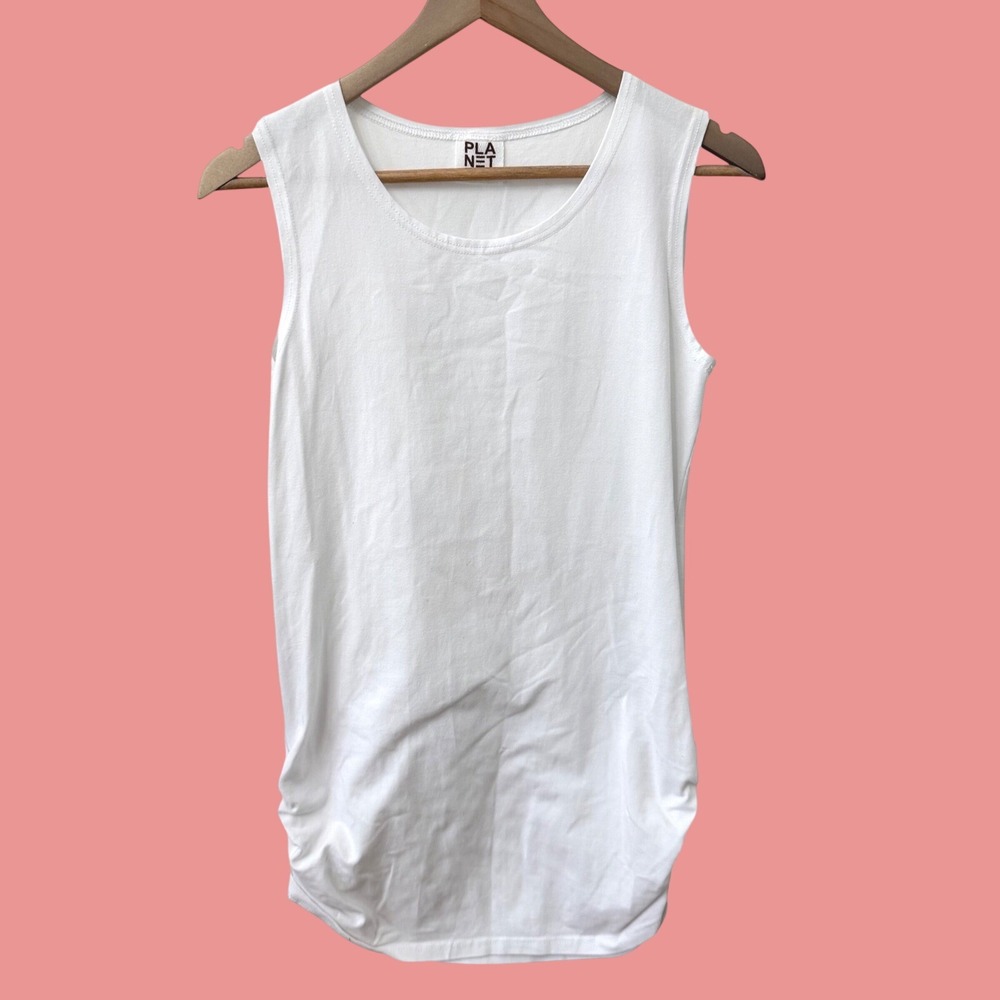 Planet by Lauren G Tank Top Size 2 White Side Ruched Sleeveless Cotton Blend